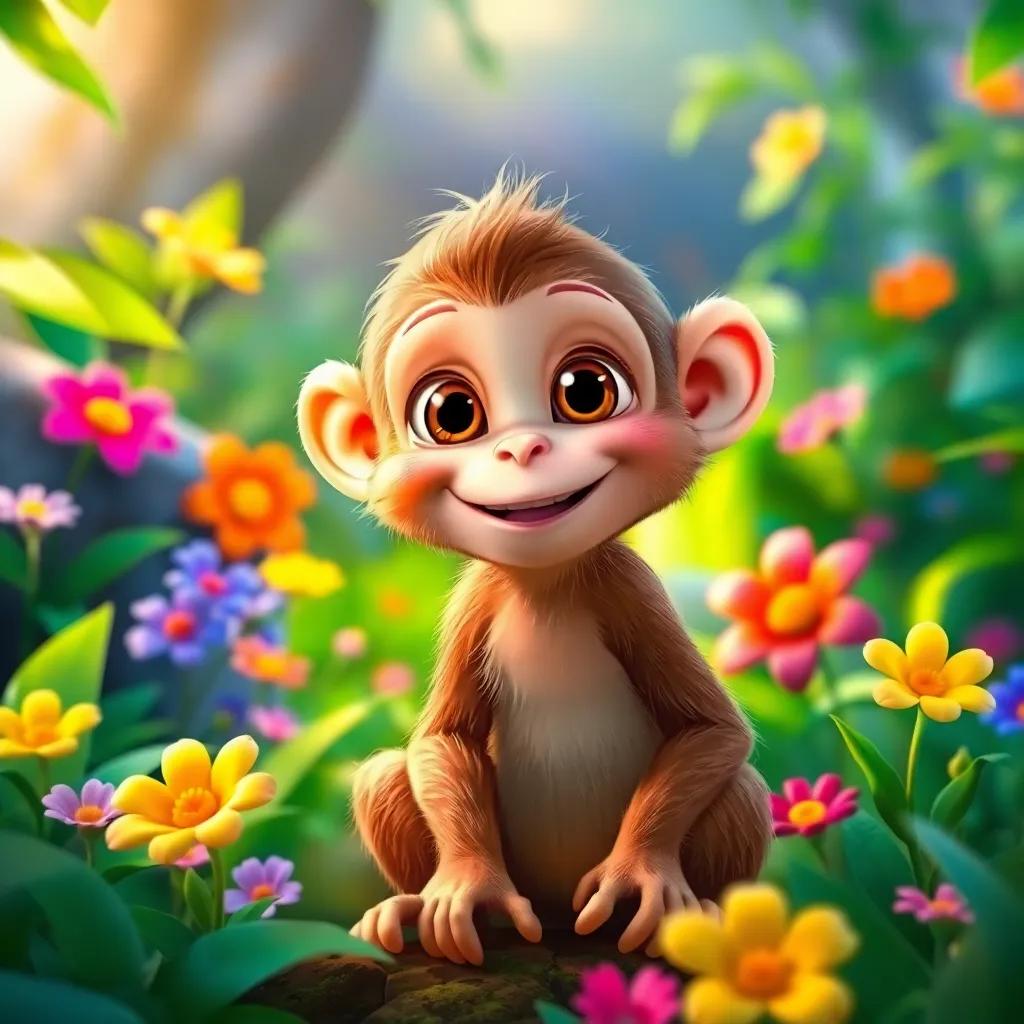 A cheerful monkey named Zuzu, a small creature with bright eyes, sitting in a vibrant green forest with colorful flowers around him, digital art, bright and playful colors, warm light, inviting scene, high quality