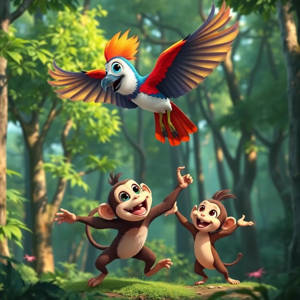 A colorful bird named Roro, with bright feathers, flying above a playful monkey named Zuzu in a forest, surrounded by lush trees, capturing a joyful moment, illustration, vibrant colors, cheerful atmosphere, high quality