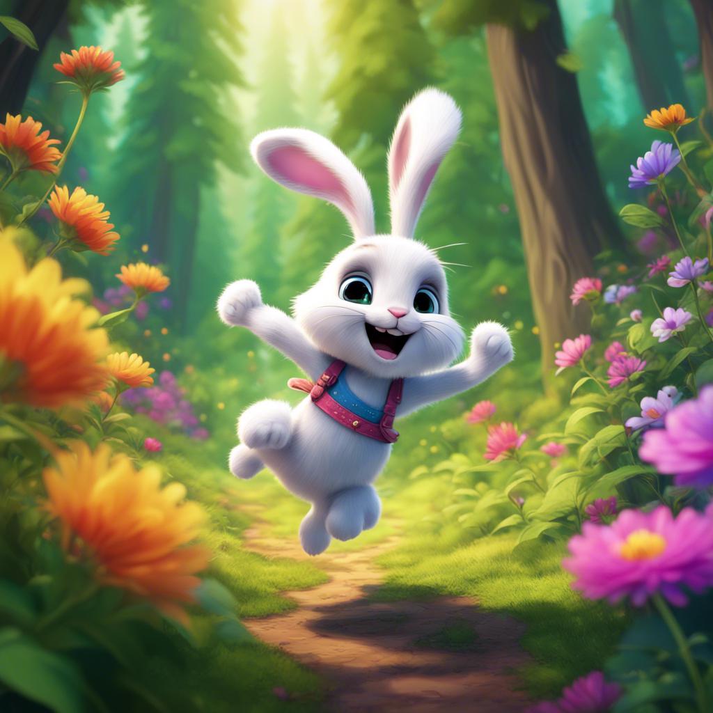 A small rabbit named Tutu with white fur and big ears, jumping happily in a lush green forest surrounded by tall trees and colorful flowers, digital art, cheerful, vibrant colors, sunny day, high quality