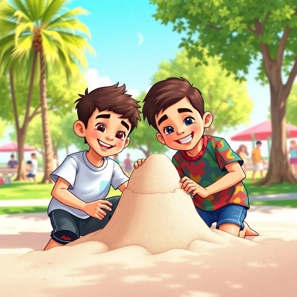 Two young boys, Sami and Farid, both with short hair, Sami wearing a t-shirt and shorts while Farid wears a colorful shirt, building a sandcastle in a bright sunny park, joyful expressions, vibrant colors, cheerful atmosphere, fun and friendly setting, digital art, high quality