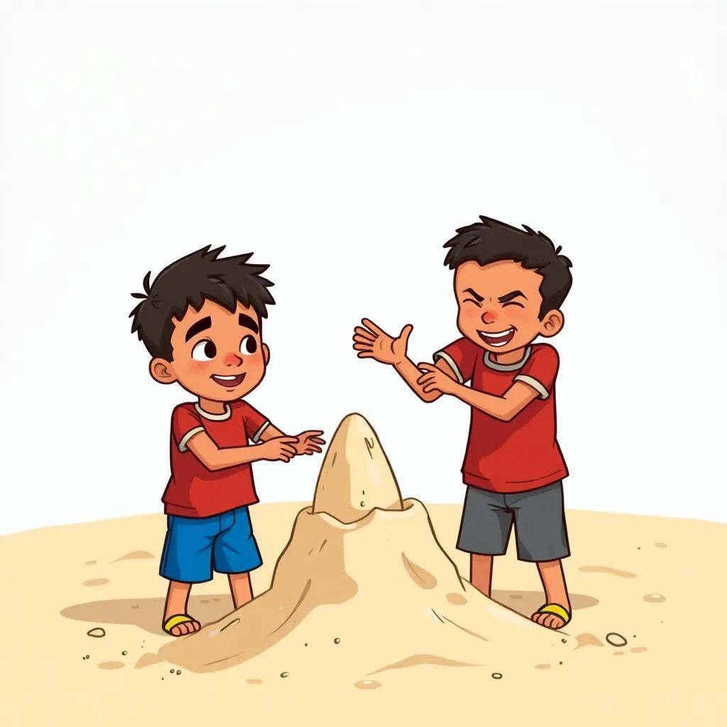 Two young boys, Sami and Farid, with determined expressions, rebuilding their sandcastle after a big gust of wind knocked it down, sandy background, their hands working together with laughter, sunny day, bright colors, happy scene, digital illustration, joyful vibe