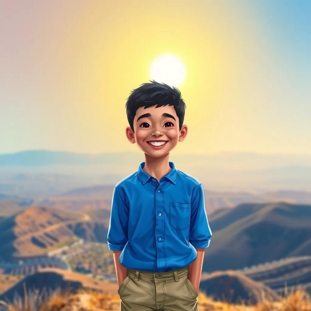A happy, young Arab boy, Sami, with short black hair, wearing a bright blue shirt and khaki shorts, standing on a hilltop with a cheerful smile, under a bright sun, landscape view, digital art, vibrant colors, warm atmosphere, high quality