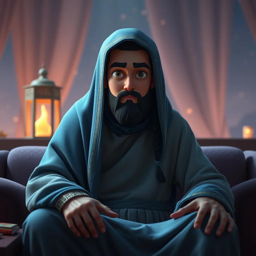 علي، ولد عربي صغير، ذو شعر بني وعيون زرقاء، يرتدي قميصاً أزرق بنقوش بيضاء، يقف في غابة كثيفة محاطة بالأشجار، ينظر إلى أصدقائه ويبتسم بحيوية، فن موهوب، ألوان طبيعية، لحظة للمرح