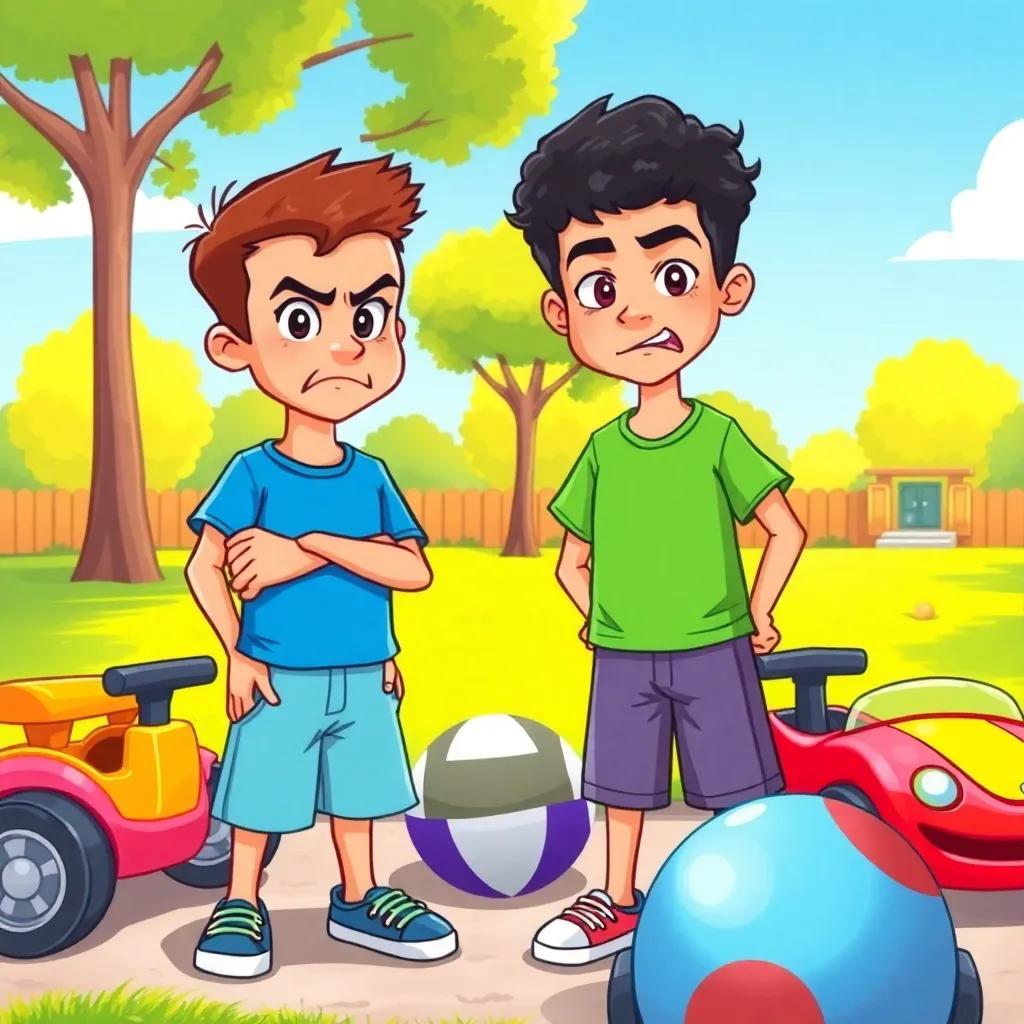 A sunny park scene with two young boys, Karim and Nabil, both around 8 years old, Karim with short brown hair wearing a blue T-shirt and shorts, Nabil with curly black hair in a green shirt, both appearing angry while standing next to toy cars and a ball, vibrant colors, cheerful atmosphere, high quality