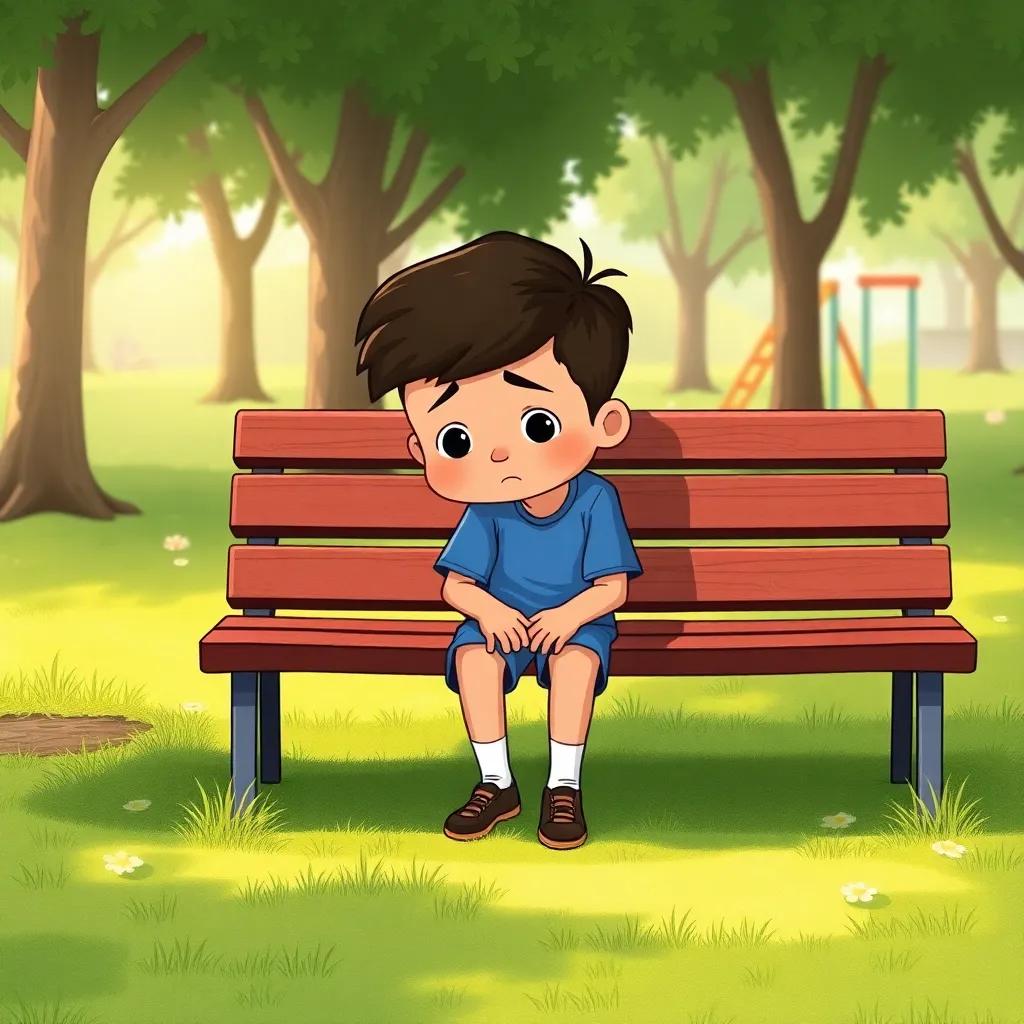 A worried boy, Karim, sitting on a bench in a park, looking sad with his head down, wearing blue shirt and shorts, surrounded by green grass and playground equipment, soft light, warm colors, heartwarming scene, high quality