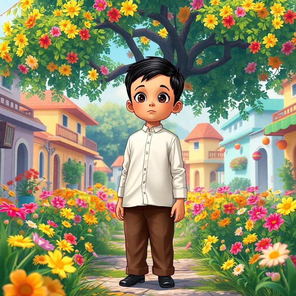 A small boy, a young Arabic child, with short black hair, wearing a simple white shirt and brown trousers, looking hopeful while standing under a colorful tree in a vibrant village full of flowers, cheerful surroundings, detailed digital art, bright colors, warm atmosphere, inviting imagery