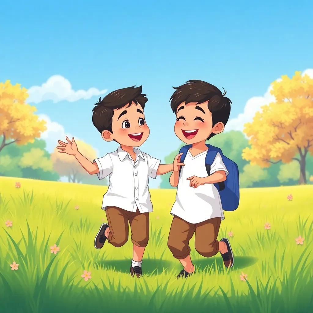 A small boy, a young Arabic child, with short black hair, wearing a simple white shirt and brown trousers, playing with a new friend in a sunny park filled with green grass and laughter, bright blue sky, joyful scene, illustration, friendship theme, vibrant colors, uplifting mood