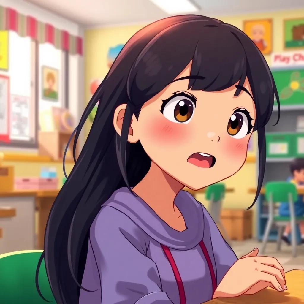 A brave girl named Lina, with long black hair and bright eyes, speaking passionately to her friend in a comfortable school setting, lively atmosphere, colorful decor, engaging expression, digital art, child-friendly, hopeful and inspiring