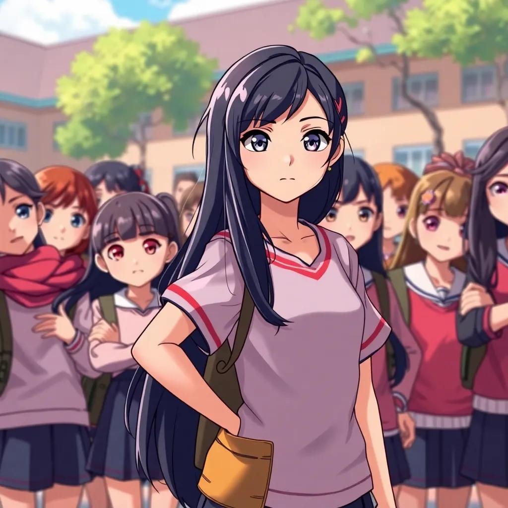 Lina, a brave girl with long black hair and bright eyes, standing together with her classmates, looking determined and united, outdoor schoolyard, vibrant colors, empowering mood, capturing the spirit of teamwork and courage, illustration, uplifting