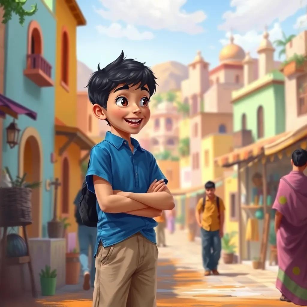 A young Arab boy, Ali, with short black hair, wearing a blue shirt and beige shorts, looking excited while talking to his friends in a colorful village background, digital art, cheerful, bright colors, inviting atmosphere, high quality