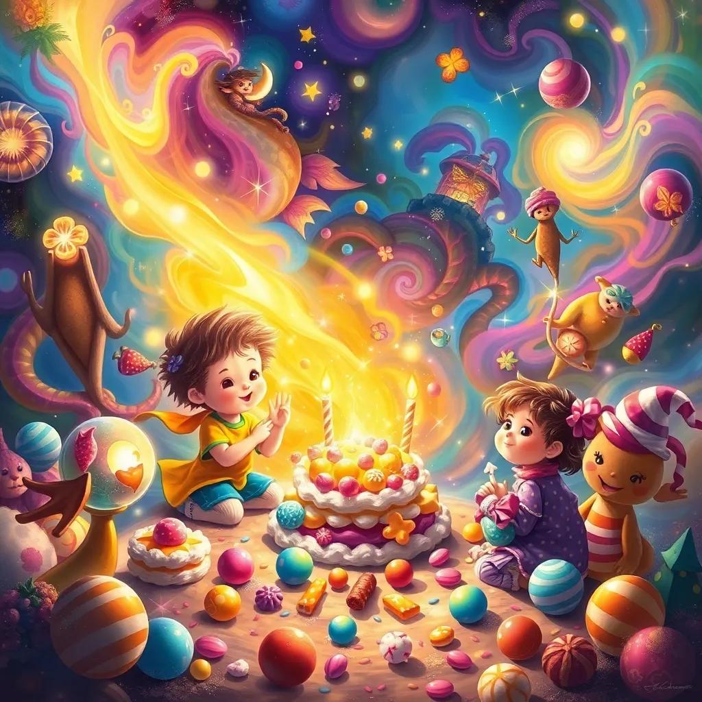 A magical picture coming to life, with vibrant colors and swirling light, showcasing a world filled with fun and adventure, children playing with sweets and colorful characters, illustration, energetic, imaginative scene, captivating view, high quality