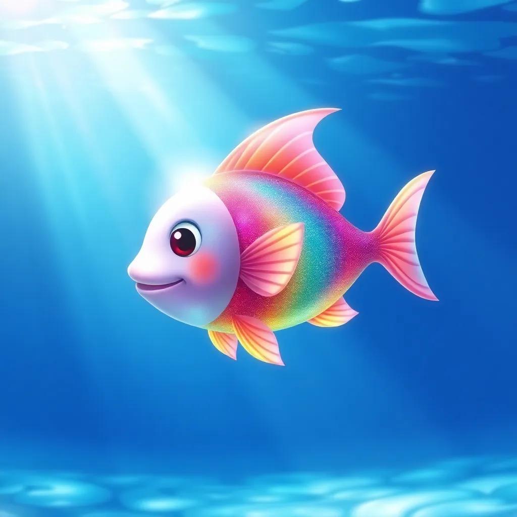 A magical fish, shimmering in rainbow colors, swimming in the clear blue water, surrounded by rays of sunlight, child-friendly illustration, vibrant and enchanting, underwater view