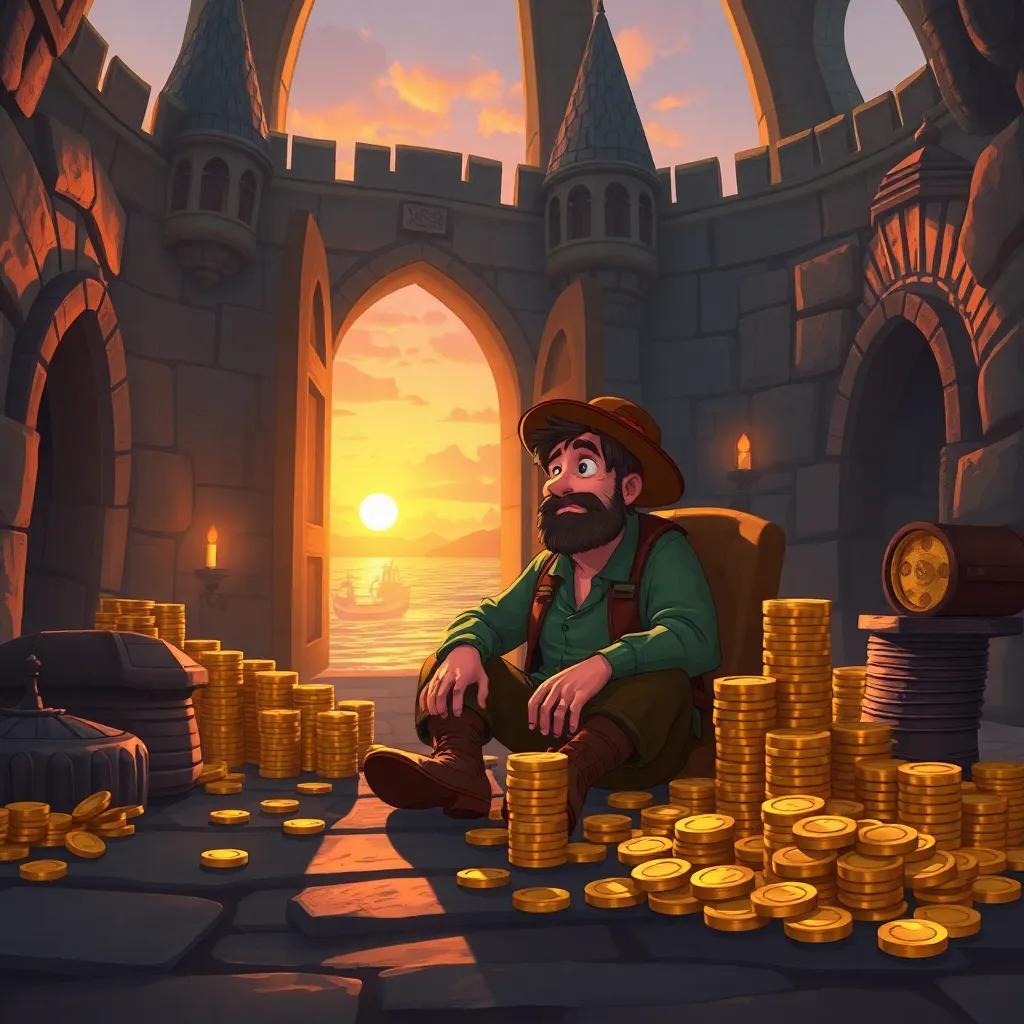 The fisherman sitting in a beautiful castle, looking worried and tired, with stacks of gold coins and treasures around him, while the sun sets outside, detailed art, warm colors, captivating perspective, high quality