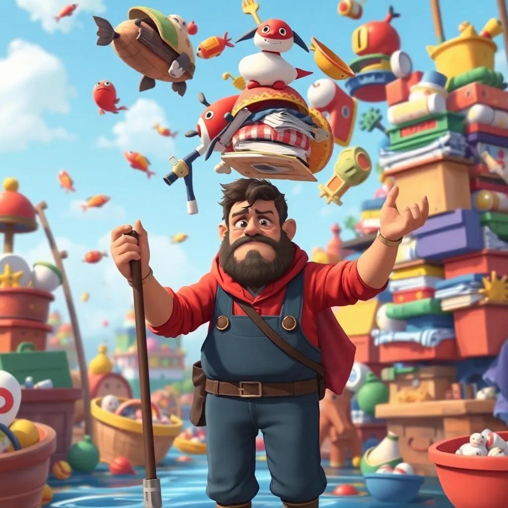 The fisherman looking unhappy while juggling many big responsibilities, with piles of chores and tasks above him, in a vibrant world filled with daunting items, whimsical art, colorful, child-friendly imagery