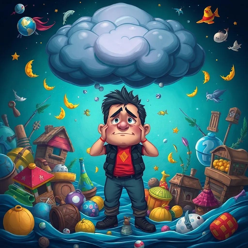 The fisherman feeling confused and lost, surrounded by all his material wishes, with a dark cloud overhead, representing his inner turmoil, imaginative illustration, dynamic colors, surreal environment