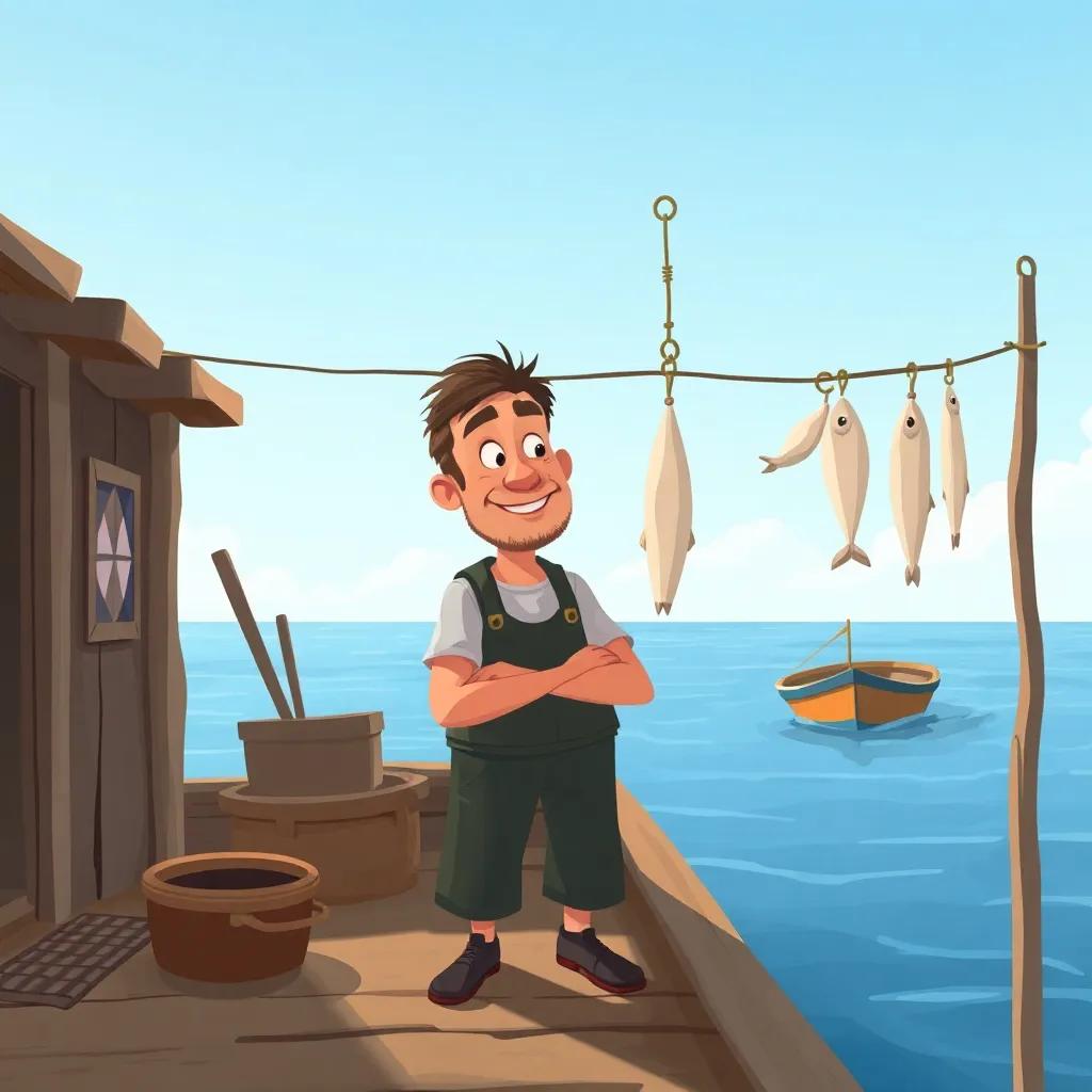 The fisherman, looking content and peaceful in a simple home by the sea, with a small boat and fish hanging to dry, under a soft blue sky, comforting atmosphere, simple art style, warm colors