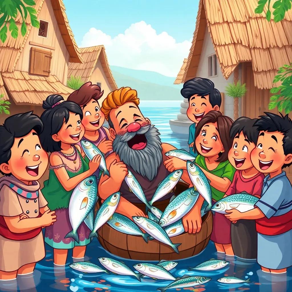 A vibrant village scene with cheerful villagers, celebrating together with fish and laughter, surrounding the fisherman with love and joy, lively illustration, bright colors, heartwarming