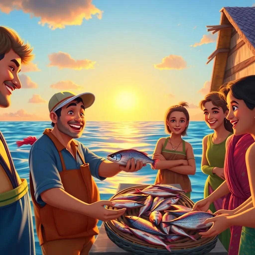 The fisherman happily sharing fish with villagers by the ocean, with smiles all around and a sunset in the background, joyful atmosphere, bright and inviting colors, appealing perspective