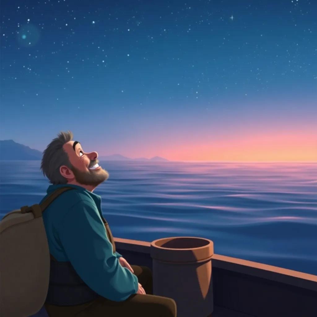 The fisherman content with his simple life, looking at the ocean with a calm smile, feeling grateful, under a starry night sky, peaceful digital artwork, serene colors, soothing quality