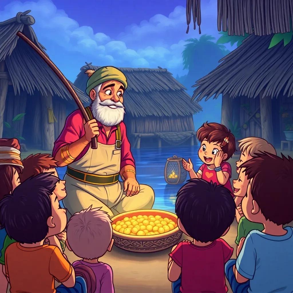 The fisherman teaching children about the importance of moderation and sharing, surrounded by happy kids listening attentively in the village, heartwarming illustration, vibrant colors, engaging perspective