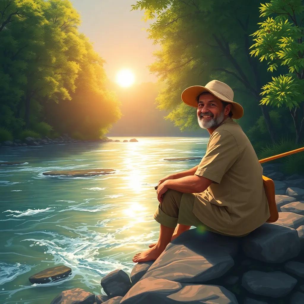 A fisherman sitting by a riverbank, looking hopeful, wearing simple clothes, with the sun shining brightly, surrounded by lush green trees and flowing water, cheerful disposition, digital painting, warm colors, inviting atmosphere, high quality