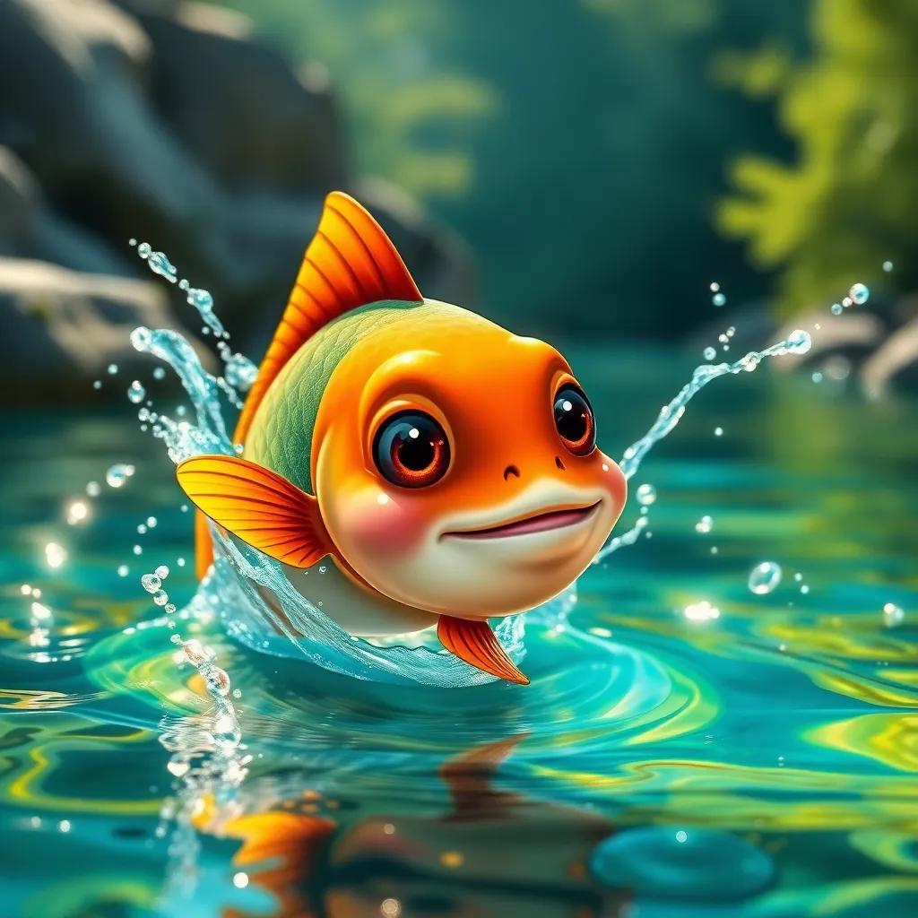 A small fish with big eyes speaking to the fisherman, splashing water around, on a vibrant river, with sunlight shimmering over the water, friendly and colorful, illustration, child-friendly, magical.