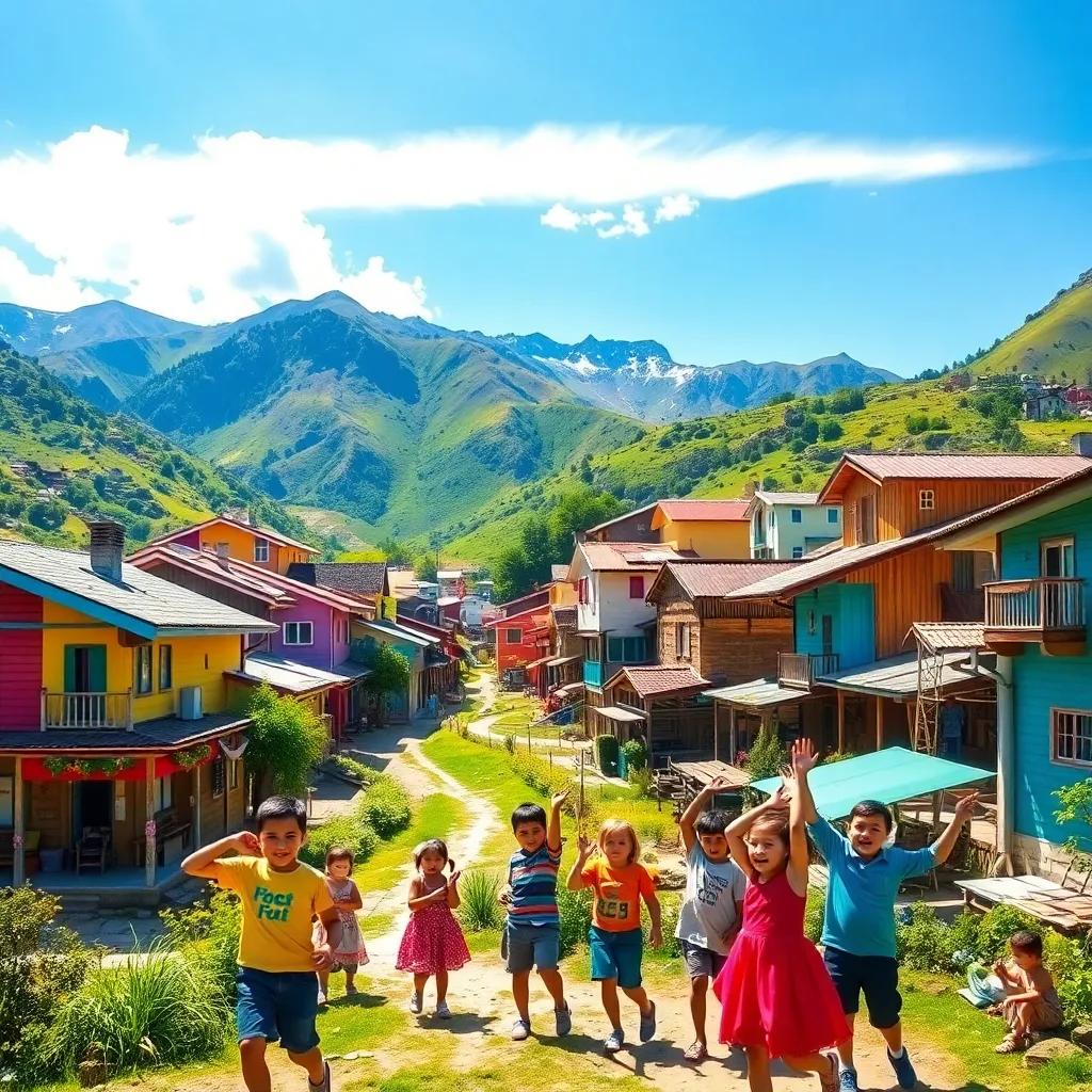 A beautiful village between mountains with colorful houses, children playing joyfully with words, sunny day, bright colors, cheerful atmosphere, digital art, vibrant and inviting
