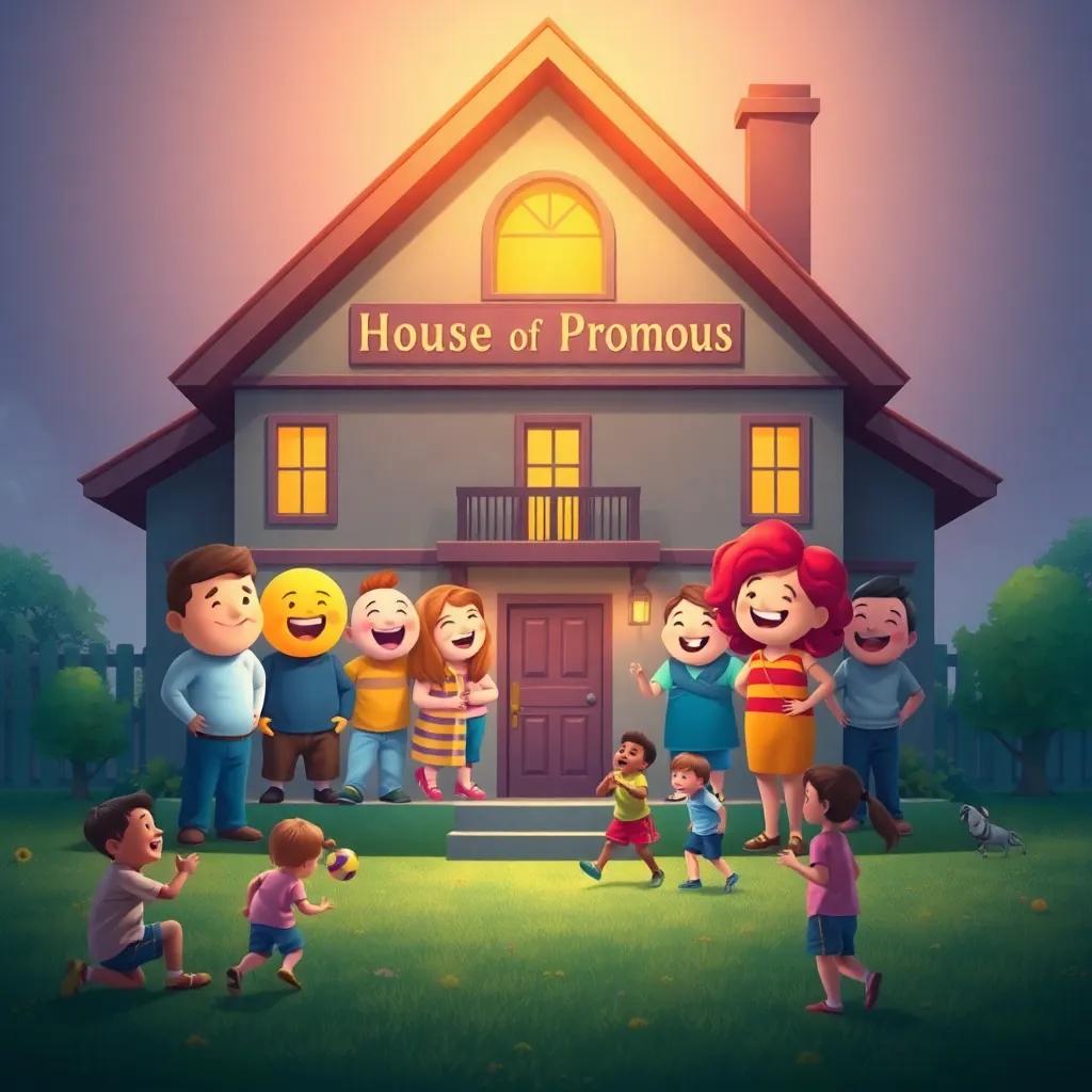 A big house named 'House of Pronouns' with friendly and happy pronouns standing together, with cheerful expressions, children playing games around them, joyful scene, colorful digital painting, warm and engaging light