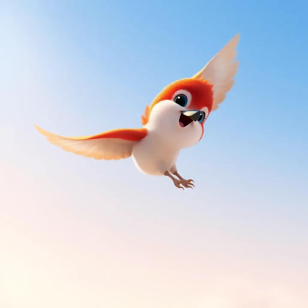 A small bird, Risha, with bright feathers flying in a blue sky, digital art, cheerful colors, warm atmosphere, high quality