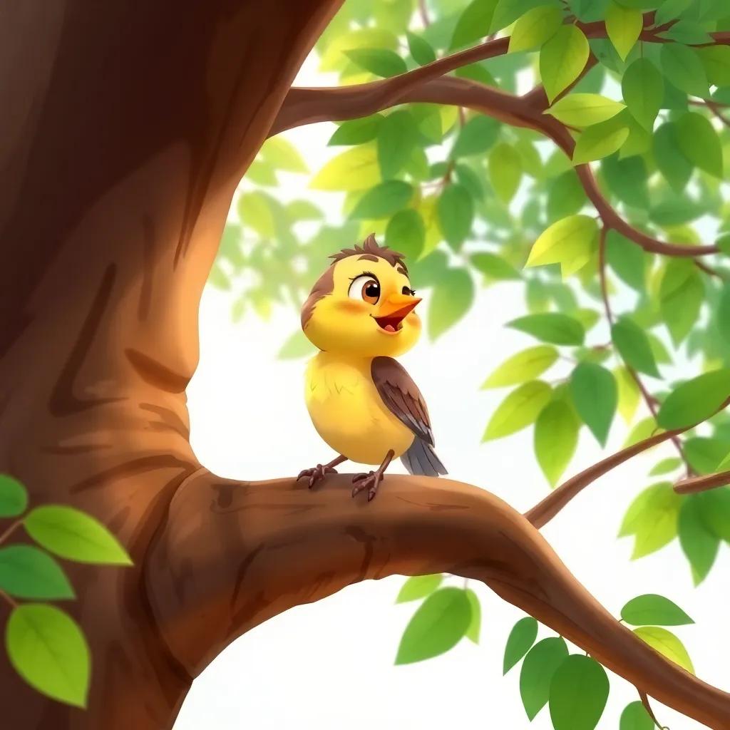 Risha, the small bird, sitting on a big tree branch with green leaves, looking around excitedly, illustration, lively, happy scene, child-friendly