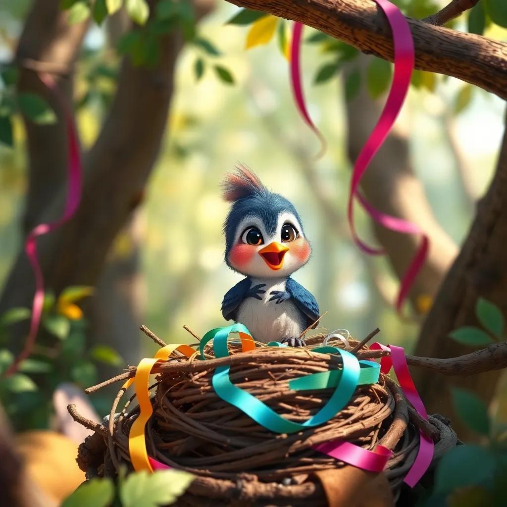 Risha, the small bird, carefully building a nest with twigs and colorful ribbons, in a sunny forest, vibrant colors, joyful mood, high-quality