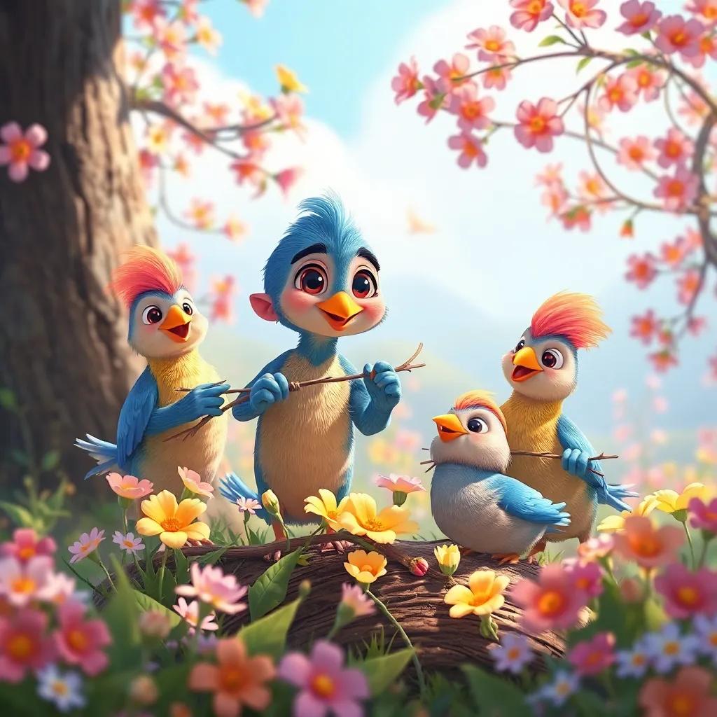 Risha with his bird friends gathering twigs and flowers, working together in a friendly atmosphere, surrounded by colorful blossoms, bright landscape, child-friendly
