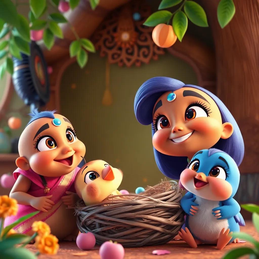 Risha's family, happy and proud, looking at the new nest with twinkling eyes, in a lively and colorful environment, heartwarming scene, high quality