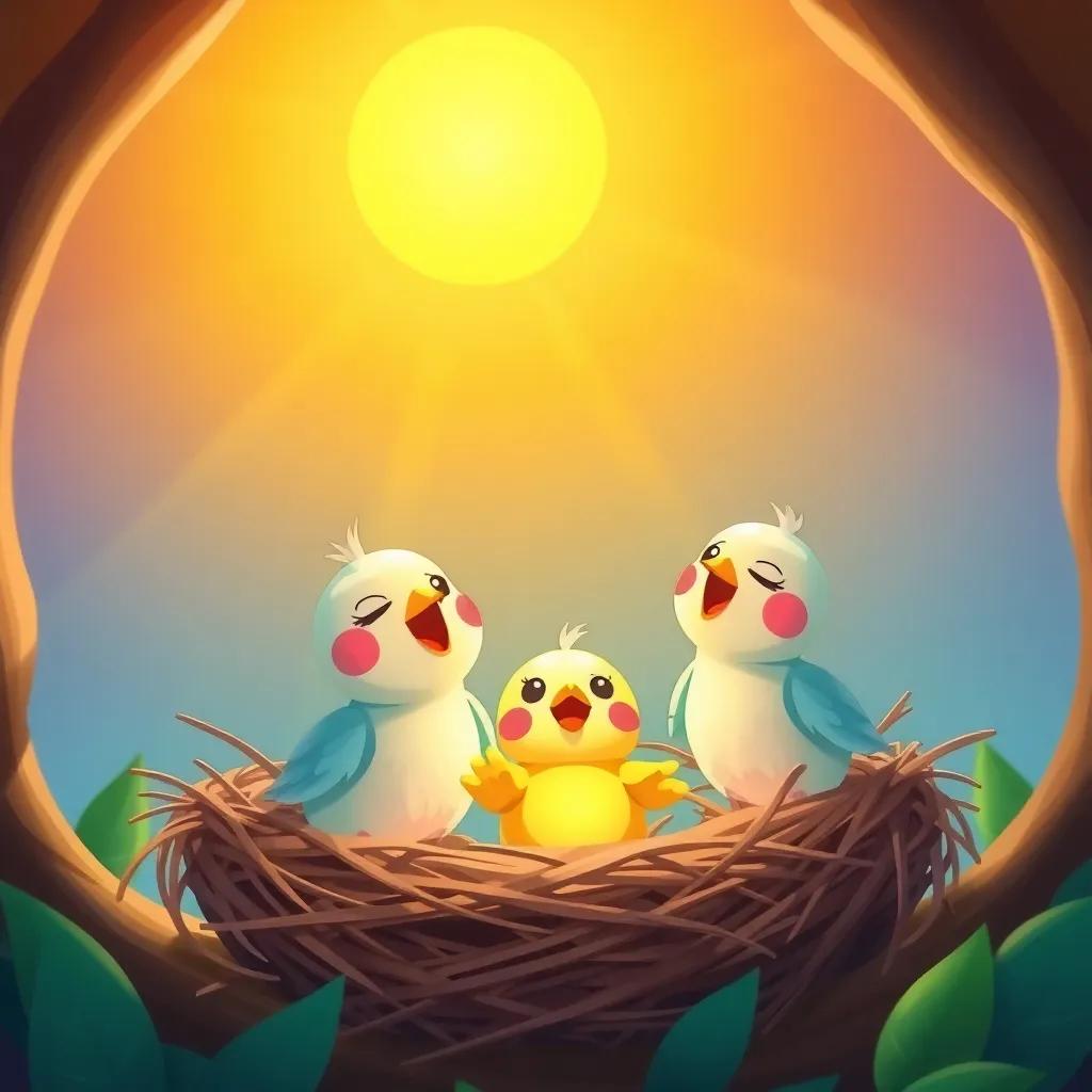 Risha with cheerful baby birds singing, nestled in the cozy nest, bright sun shining down, uplifting, vibrant scene, child-friendly