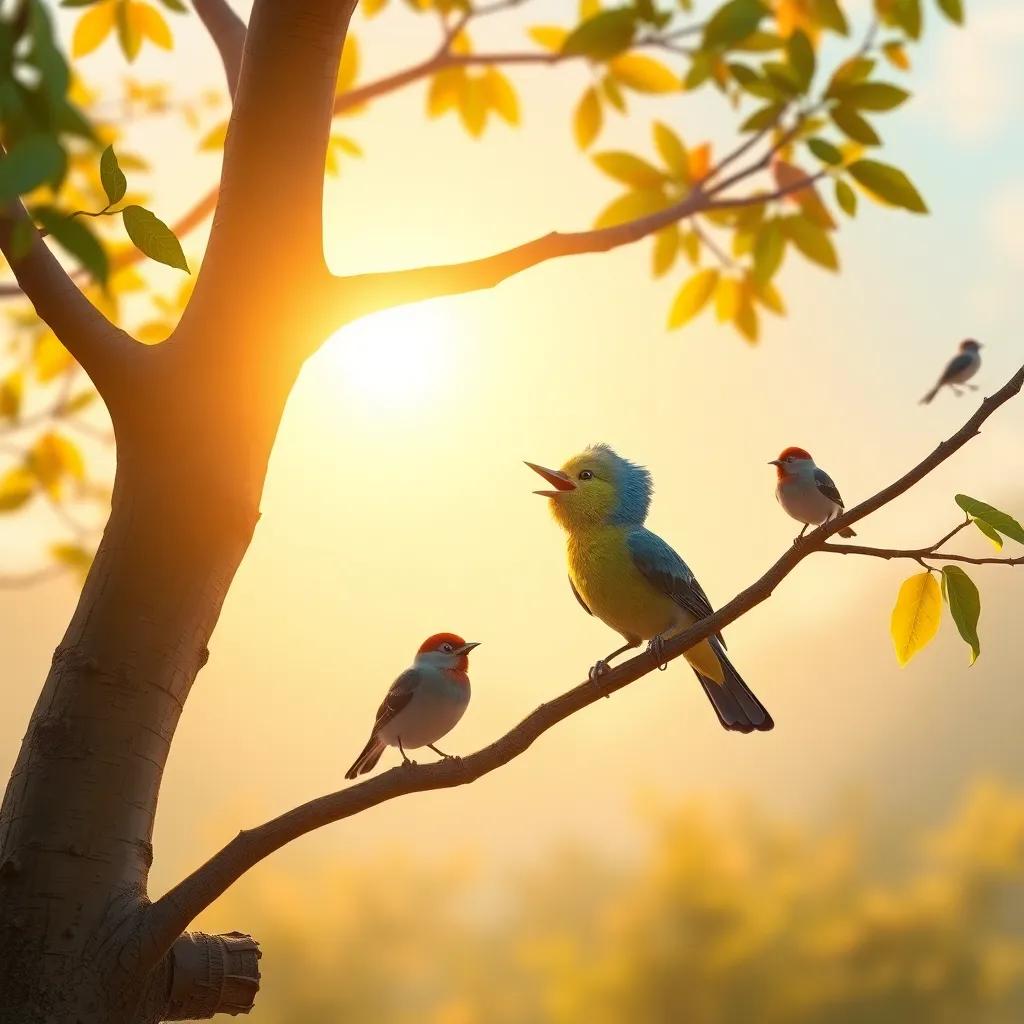 Risha singing in the morning on the tree branch with sun shining and other birds chirping, peaceful atmosphere, nature scene, high quality