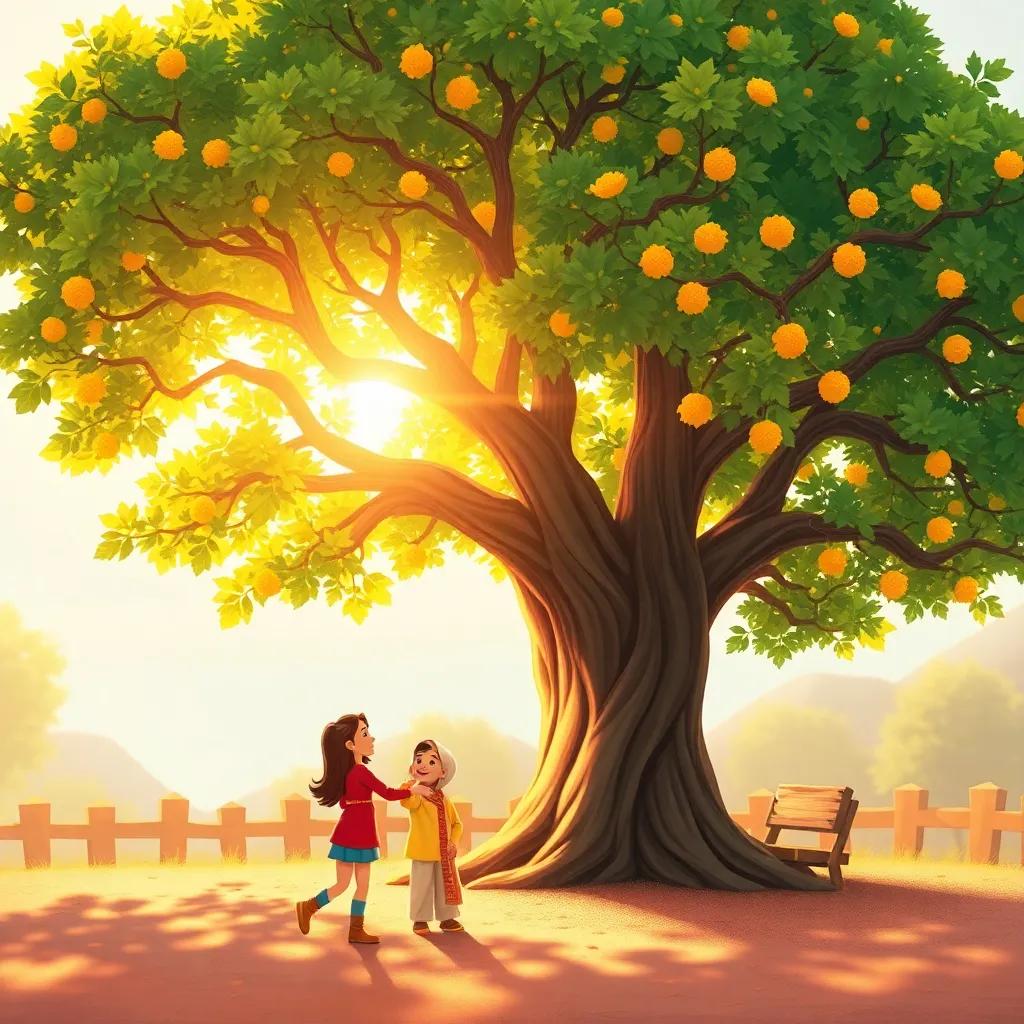 The beautiful tree glowing under the sun, filled with laughter and joy from Risha's family, charming and inviting atmosphere, warm colors, high quality