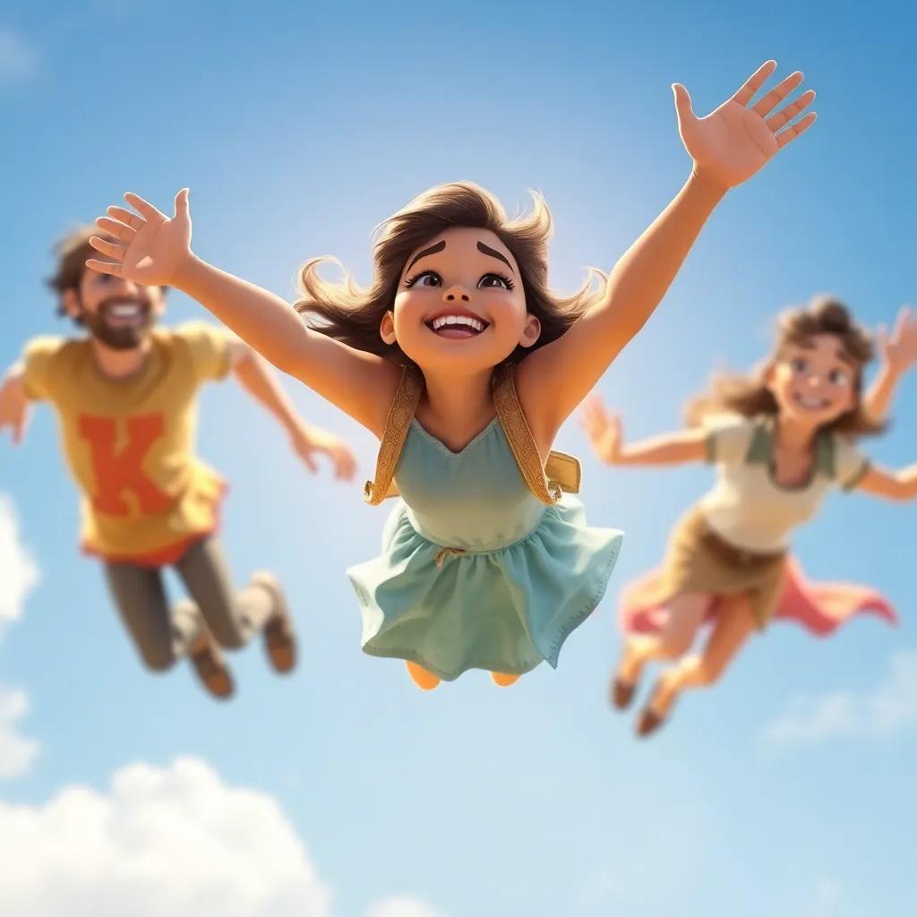 Risha flying freely in the blue sky with family and friends surrounding, glowing in a beautiful day, joyful and uplifting, high quality