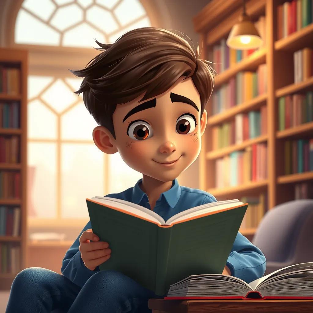 A young Arab boy, Sami, with short brown hair, wearing a blue shirt and jeans, sitting in a cozy library reading a book, soft light, warm atmosphere, digital art, colorful, cheerful scene