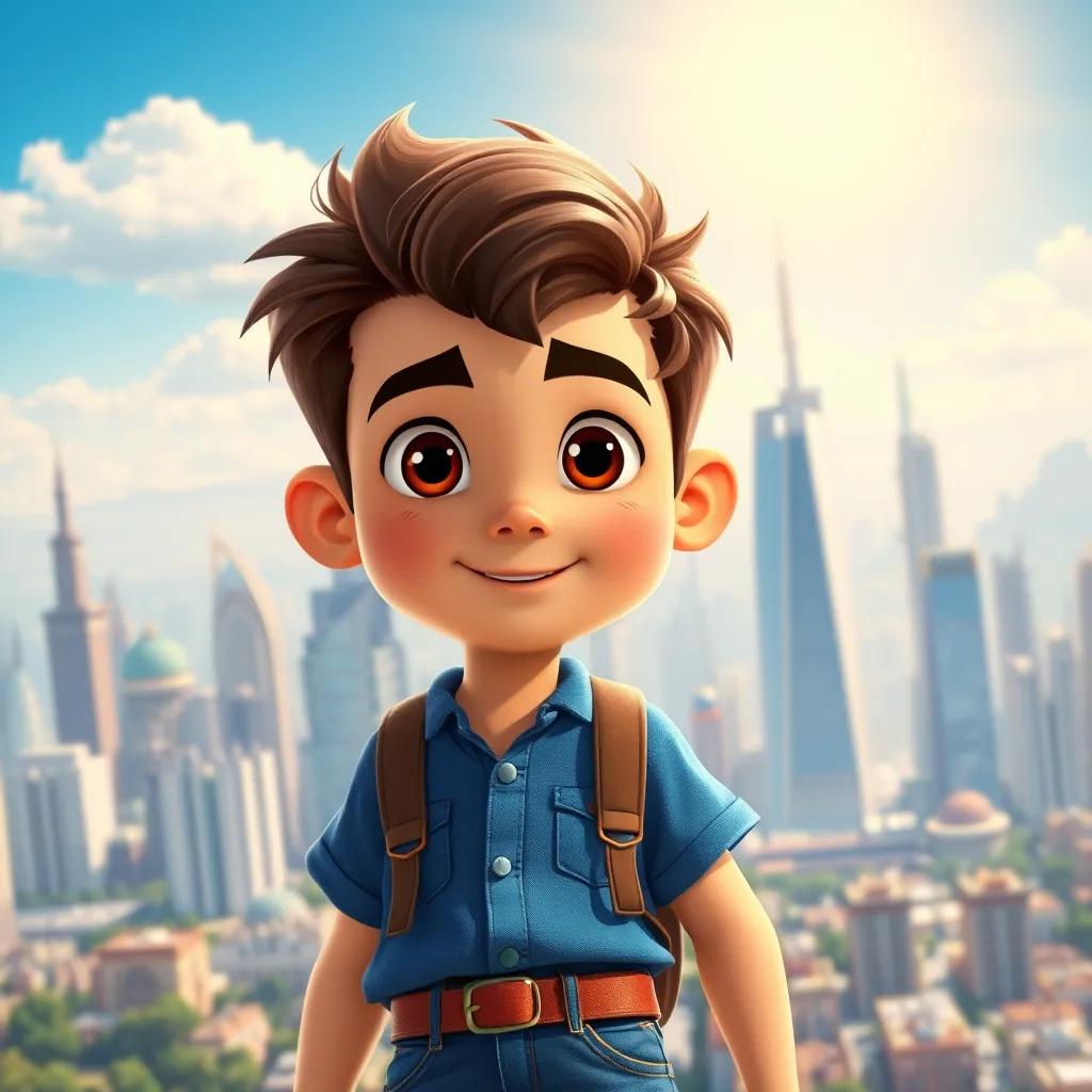 A young Arab boy, Sami, with short brown hair, wearing a blue shirt and jeans, standing in front of a large city skyline, exciting and vibrant, bright sunlight, illustration, adventure-themed, child-friendly