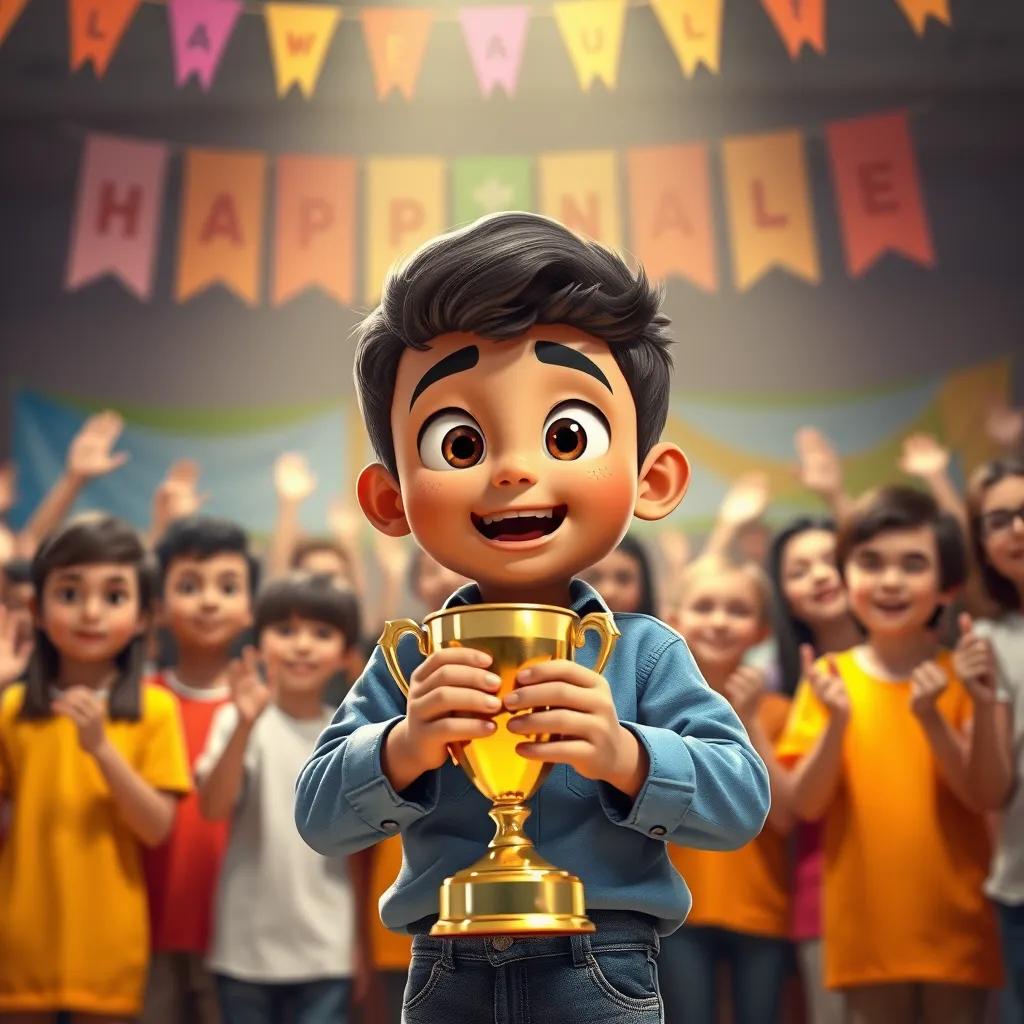 A nervous but excited young Arab boy, Sami, wearing a blue shirt and jeans, holding a shiny trophy in front of a large group of cheering students, with colorful banners in the background, digital painting, uplifting, celebration