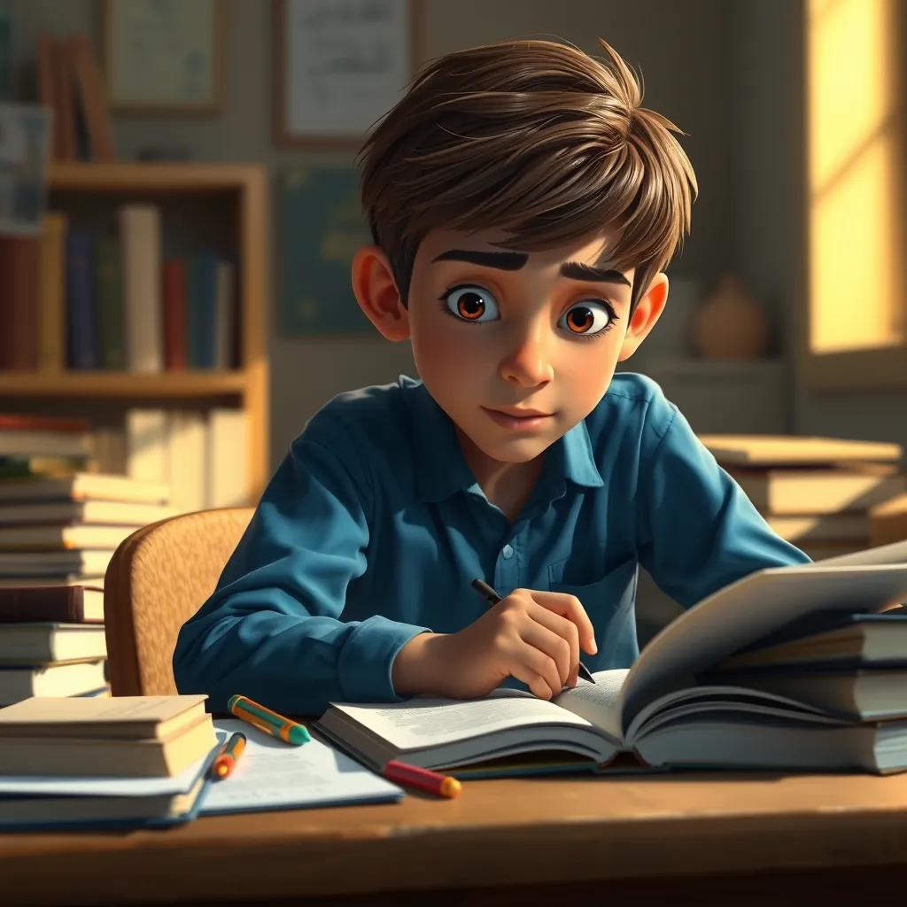 A young Arab boy, Sami, with short brown hair, wearing a blue shirt and jeans, studying intensely at a desk surrounded by books and notes, warm light, educational atmosphere, realistic style
