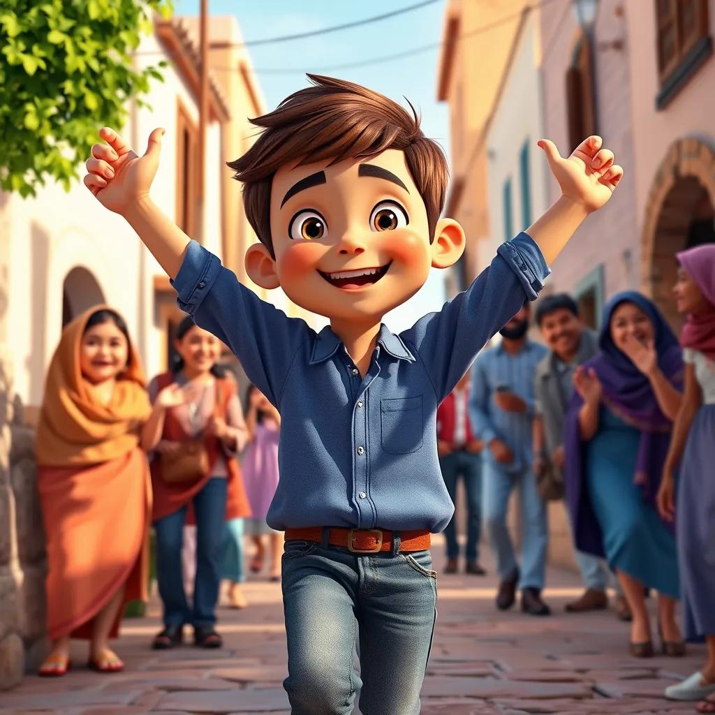 A proud young Arab boy, Sami, with short brown hair, wearing a blue shirt and jeans, walking triumphantly down a village street, with friends and family cheering for him, joyful colors, heartwarming scene
