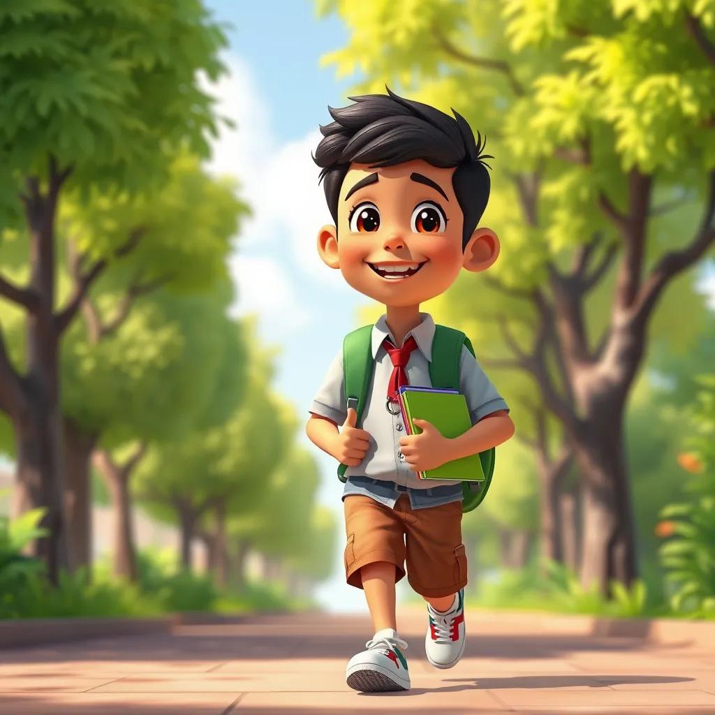 A young Arab boy, Ahmed, wearing a school uniform, happily walking to school with a backpack filled with books, green trees around, sunny day, cheerful atmosphere, digital art, vibrant colors, child-friendly