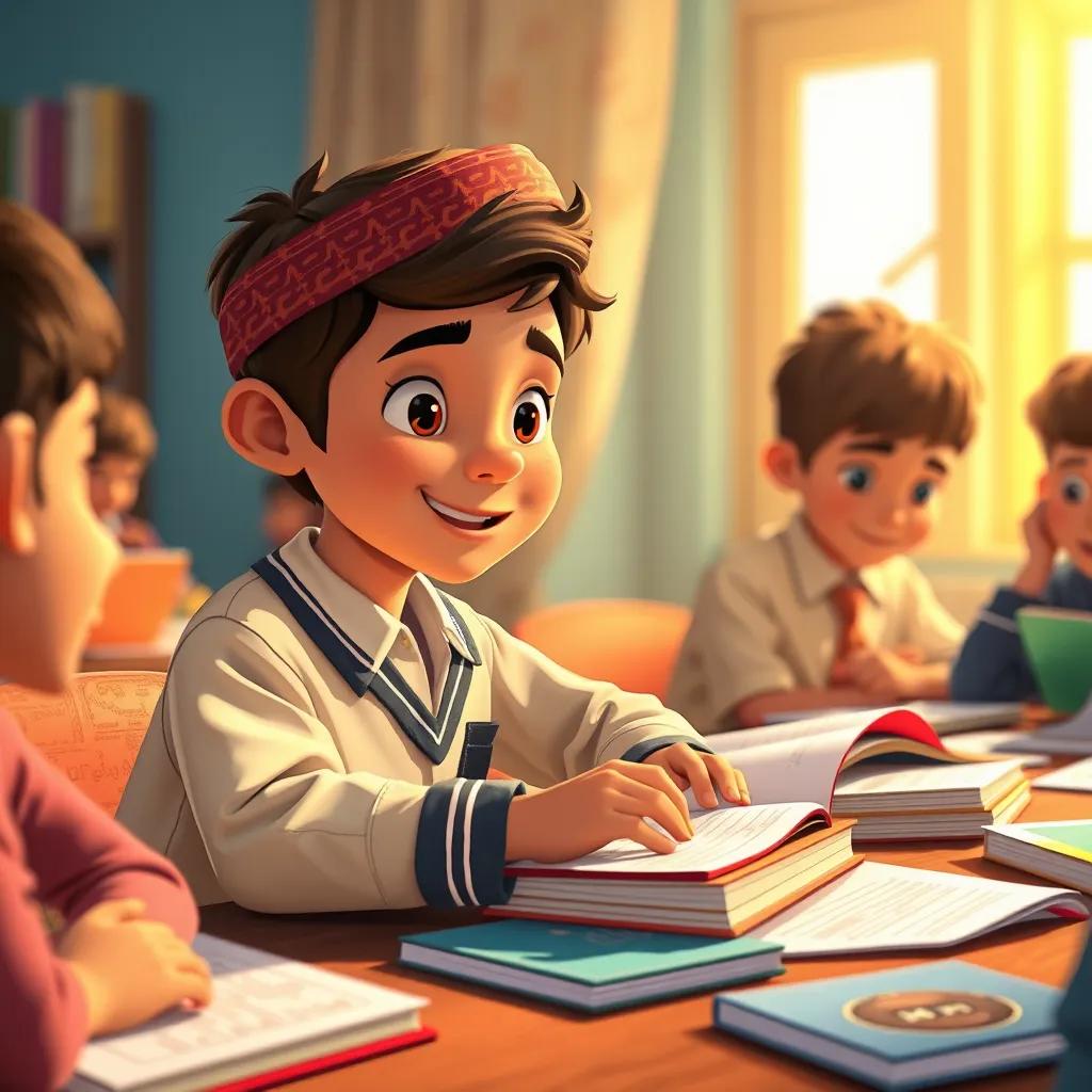 Ahmed, a young Arab boy in a school uniform, sitting at a table with friends, studying together, colorful books and papers spread out, warm light, friendly environment, illustration, happy