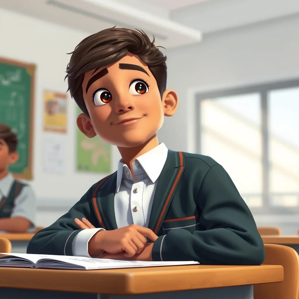 A classroom scene with Ahmed, a young Arab boy in a school uniform, confidently taking an important exam, focused expression, bright classroom with natural light, digital painting, realistic