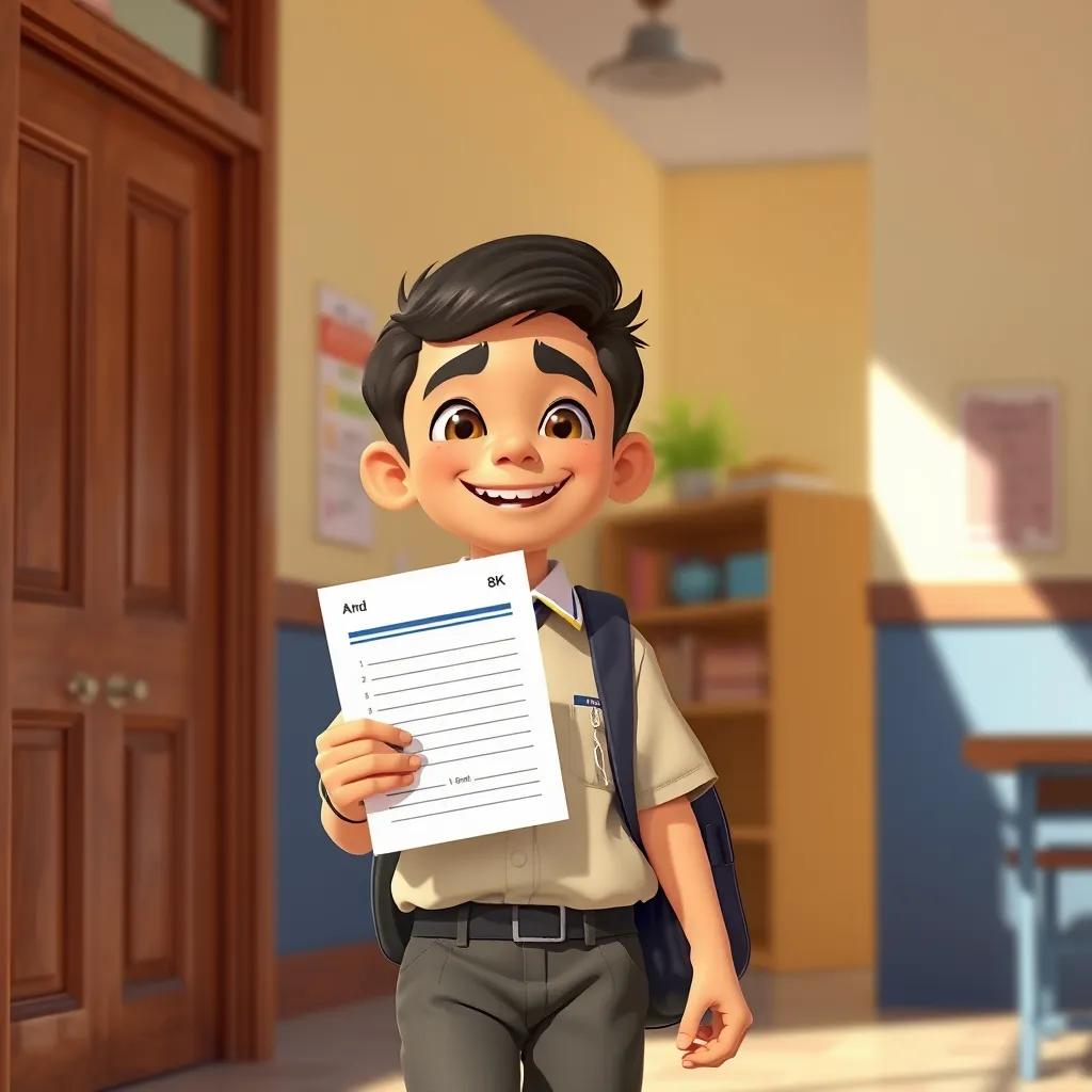 Ahmad, a young Arab boy in a school uniform, leaving the classroom with a joyful smile, holding his test paper with a high score, sunny day, lively atmosphere, warm colors, cheerful