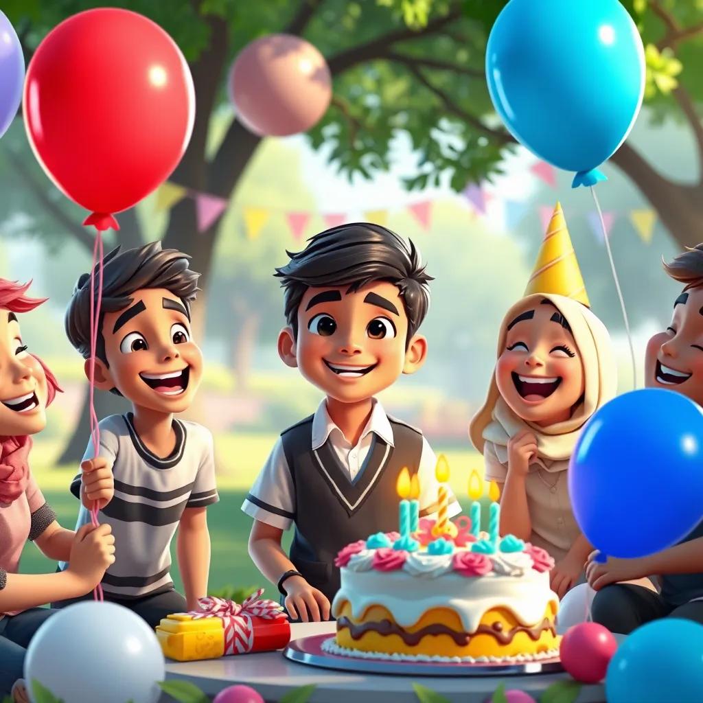 Ahmed, a young Arab boy in a school uniform, celebrating with friends in a park, balloons and cake around them, joyful expressions, bright colors, inviting scene, digital art