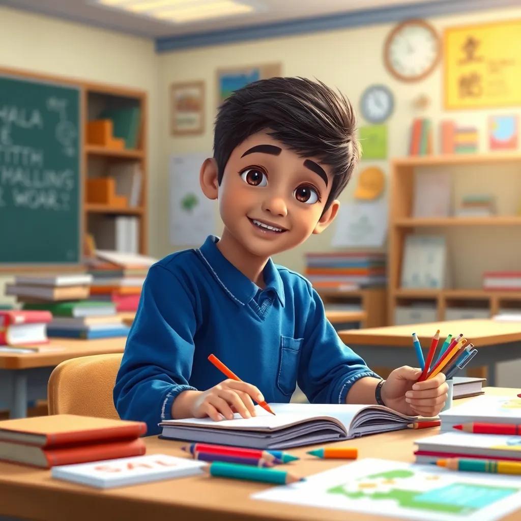A young Arab boy, Karim, with short black hair, wearing a blue school uniform, sitting at a desk surrounded by books and art supplies, focused and excited while working on a school project, bright and cheerful classroom, digital art, vibrant colors, warm light, engaging atmosphere, high quality