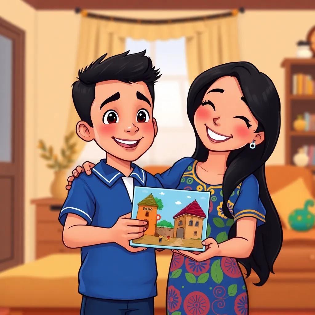 Karim, a young Arab boy with short black hair in a blue school uniform, showcasing his completed project to his proud mother, a cheerful woman with long black hair wearing a colorful dress, warm home background, illustration, joyful, heartwarming, child-friendly