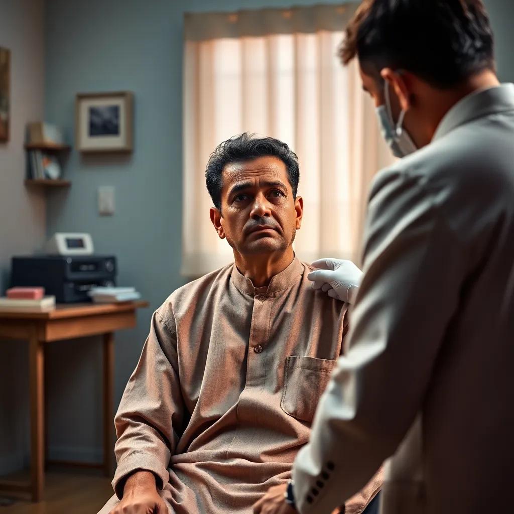 A worried man with a sad expression sitting in a doctor's office, wearing a simple traditional outfit, looking towards the doctor, who is examining him with a medical kit, warm colors, inviting atmosphere, detailed